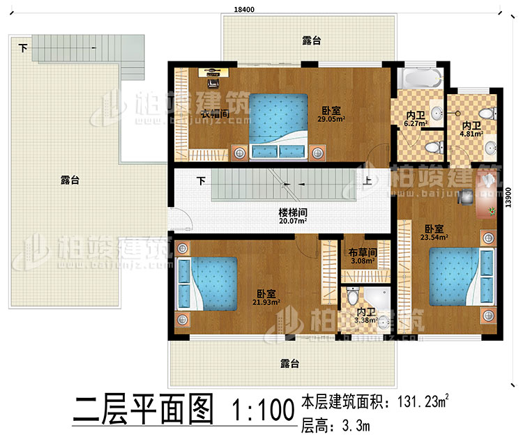 二层：楼梯间、3卧室、衣帽间、布草间、3内卫、3露台