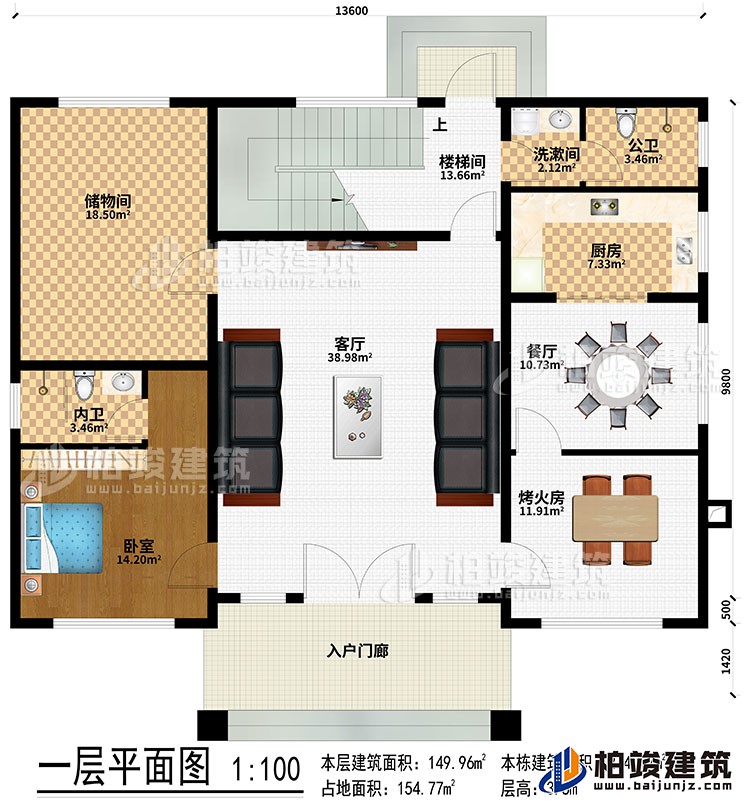 一层：入户门廊、客厅、楼梯间、储物间、厨房、餐厅、烤火房、公卫、洗漱间、卧室、内卫