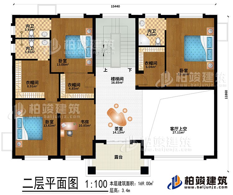 二层：茶室、楼梯间、客厅上空、3卧室、3衣帽间、书房、3内卫、露台