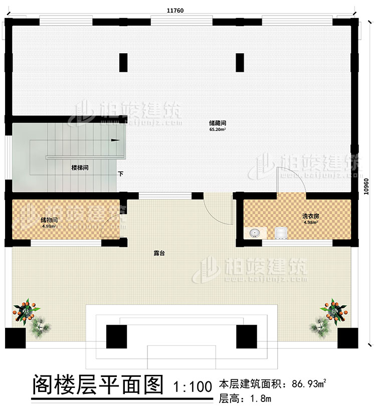 阁楼：2储物间、楼梯间、洗衣房、露台