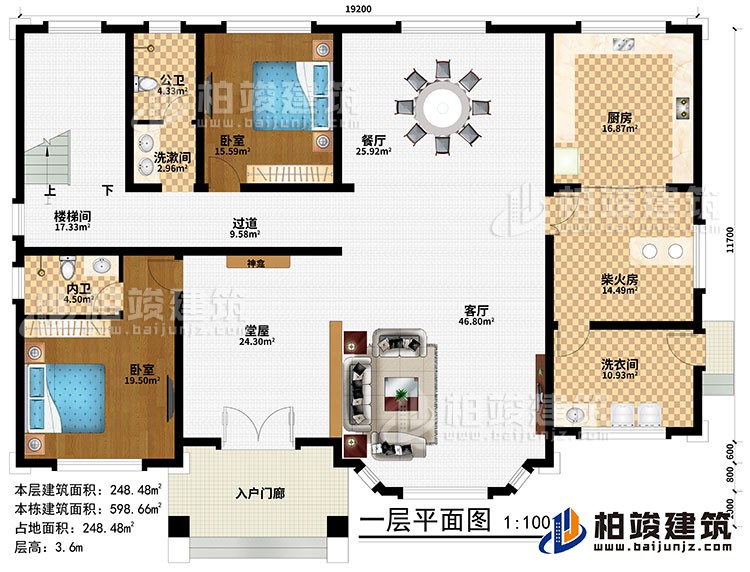 一层：入户门廊、堂屋、神龛、客厅、餐厅、厨房、柴火房、2卧室、洗漱间、洗衣间、公卫、内卫、过道、楼梯间