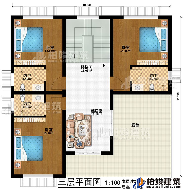 三层：起居室、楼梯间、3卧室、3内卫、露台