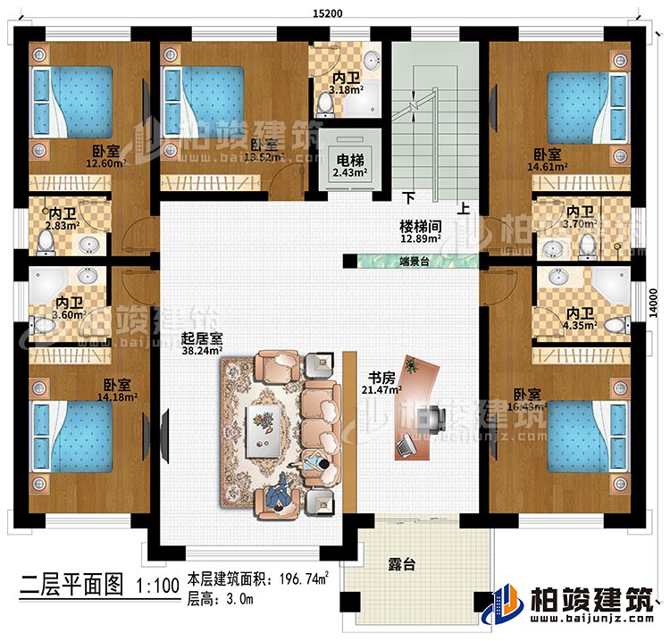 二层：楼梯间、端景台、起居室、书房、5卧室、电梯、5内卫、露台