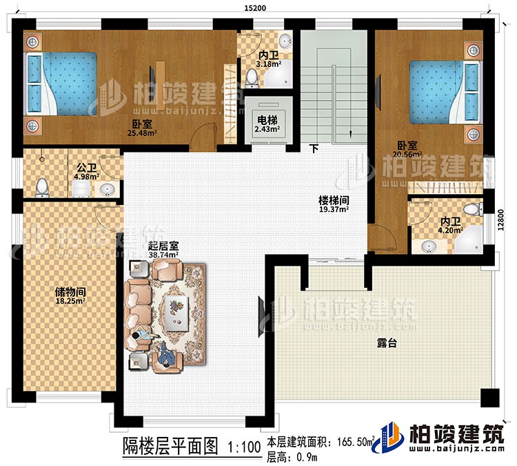 阁楼：2卧室、电梯、楼梯间、起居室、储物间、公卫、2内卫、露台