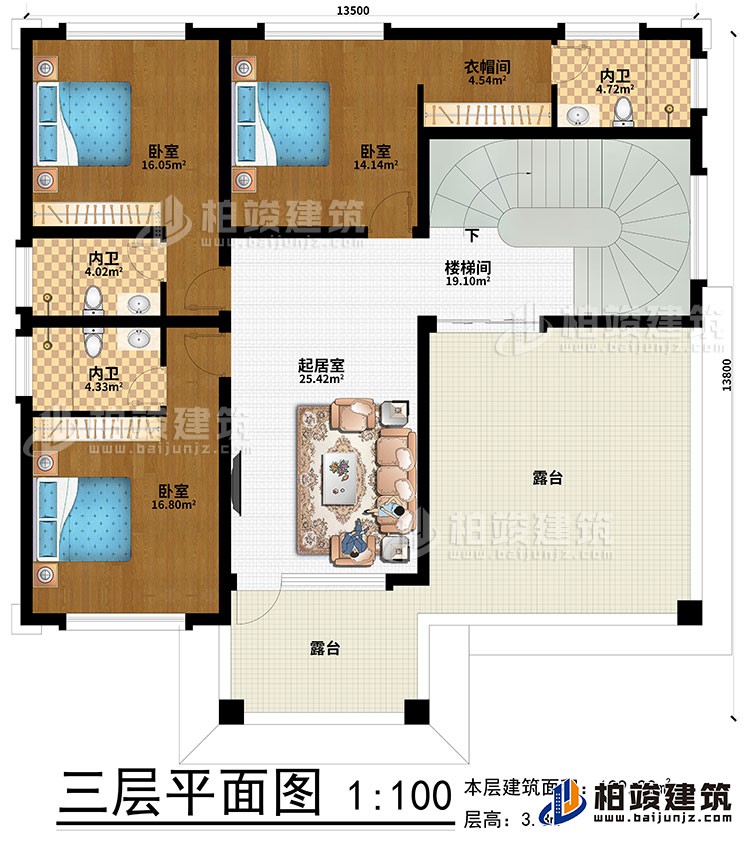 三层：楼梯间、起居室、3卧室、衣帽间、3内卫、2露台