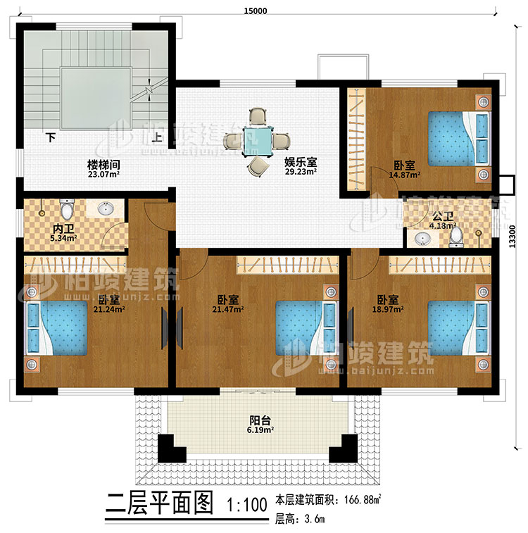 二层：楼梯间、娱乐室、4卧室、公卫、内卫、阳台