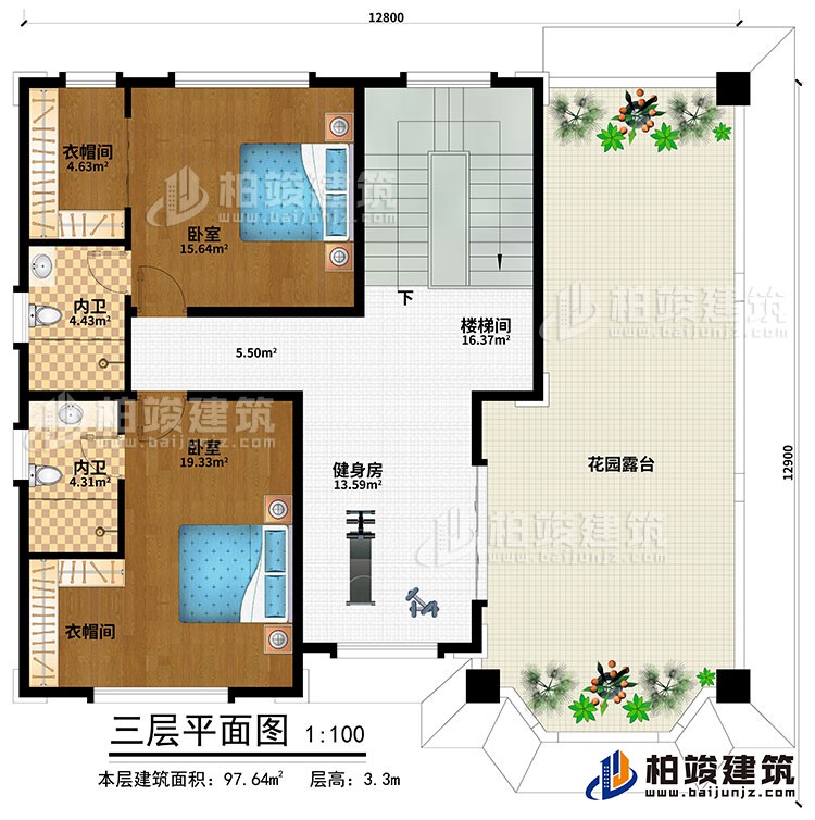 三层：健身房、楼梯间、2卧室、2衣帽间、2内卫、花园露台