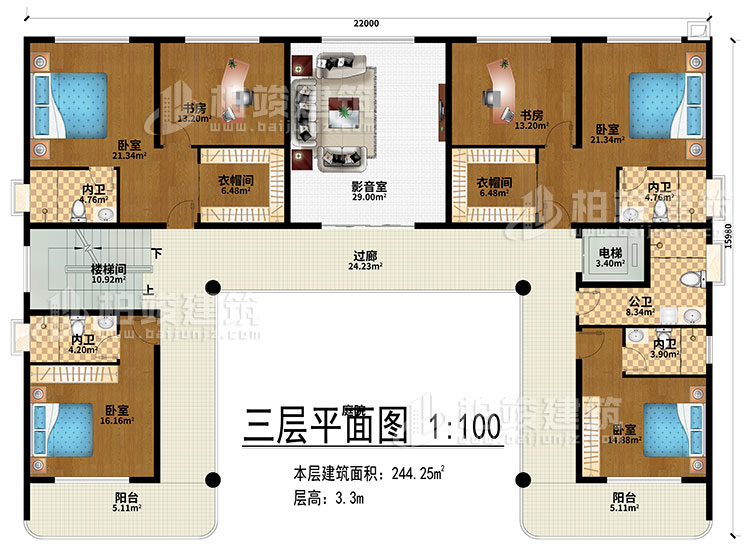 三层：影音室、过廊、楼梯间、电梯、4卧室、2衣帽间、2书房、4内卫、公卫、2阳台