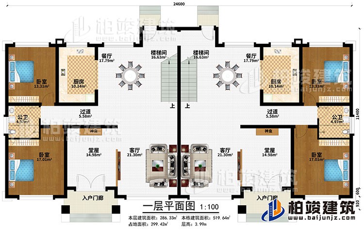 一层：2入户门廊、2堂屋、2神龛、2餐厅、2厨房、2楼梯间、2过道、4卧室、2公卫