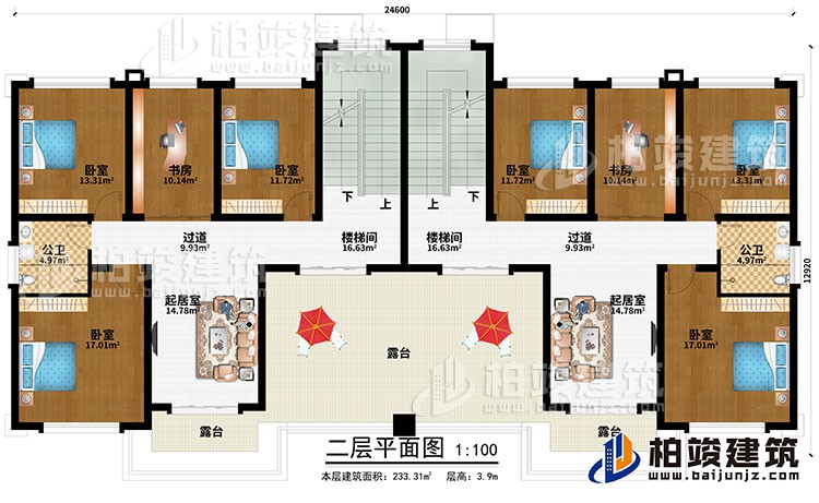 二层：2楼梯间、2过道、2起居室、6卧室、2书房、3露台、2公卫