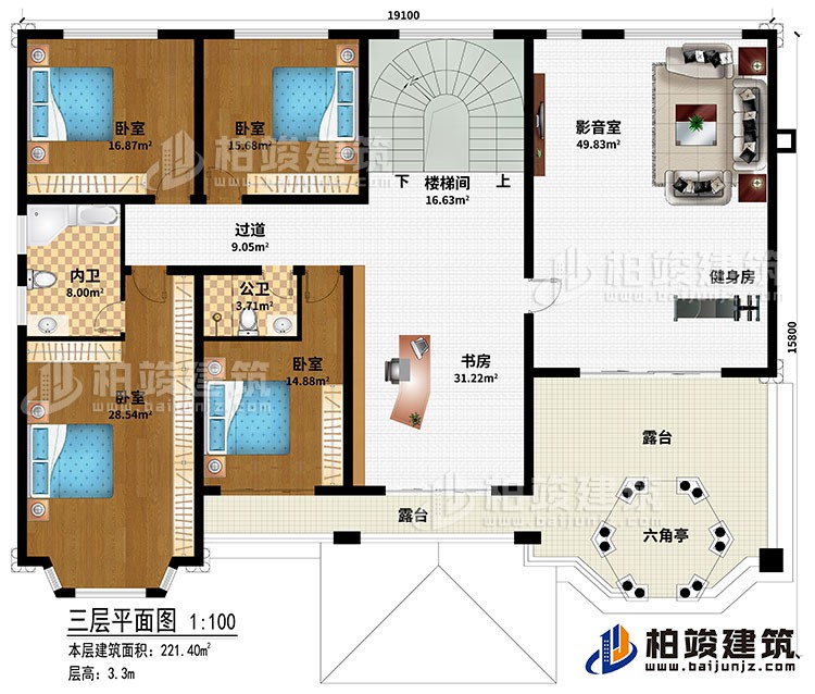 三层：楼梯间、书房、过道、4卧室、公卫、内卫、影音室、健身房、2露台、六角亭