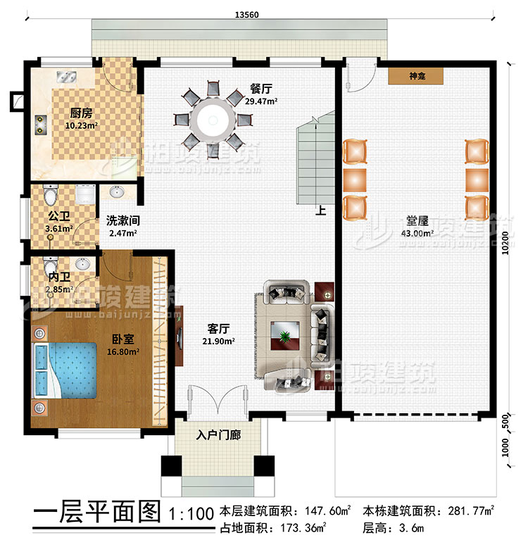 一层：入户门廊、堂屋、神龛、餐厅、厨房、卧室、洗漱间、公卫、内卫