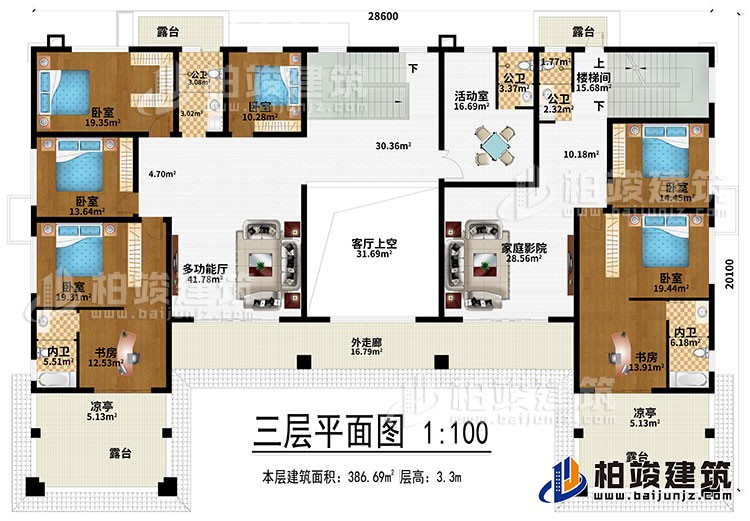 三层：多功能厅、客厅上空、家庭影院、6卧室、2书房、活动室、3公卫、2内卫、4露台、2凉亭、外走廊、楼梯间