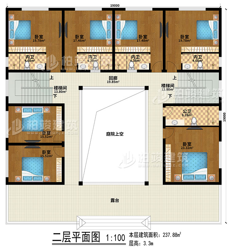 二层：回廊、露台、庭院上空、2楼梯间、7卧室、4内卫、公卫