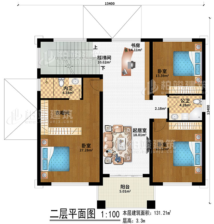 二层：室外观景露台、地下车库入口、入户门廊、玄关、客厅、神龛、茶室、楼梯间、2卧室、公卫、内卫