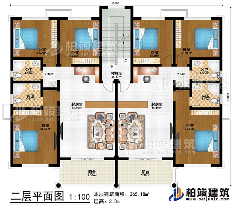 二层：2起居室、楼梯间、6卧室、2公卫、2内卫、2阳台