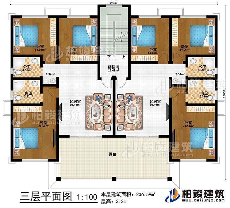 三层：2起居室、楼梯间、6卧室、2公卫、2内卫、露台