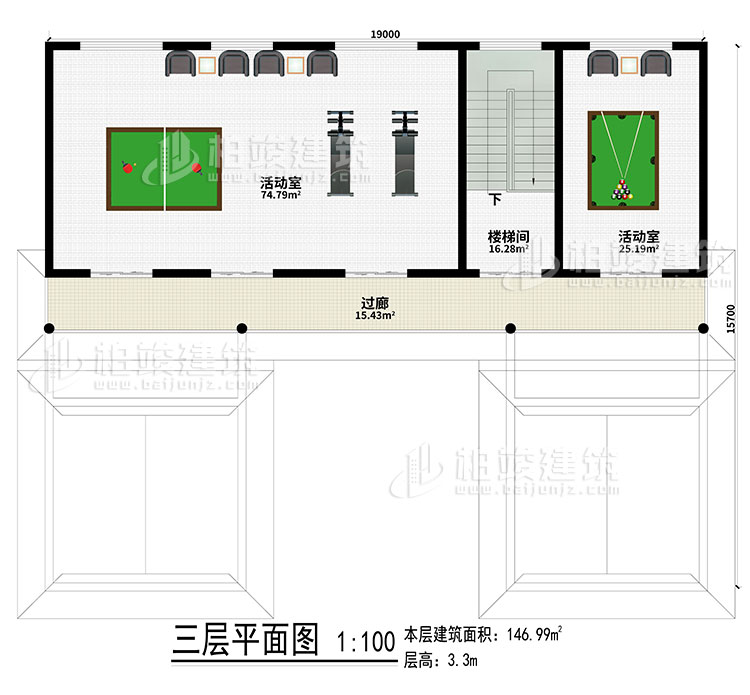 三层：2活动室、楼梯间、过廊