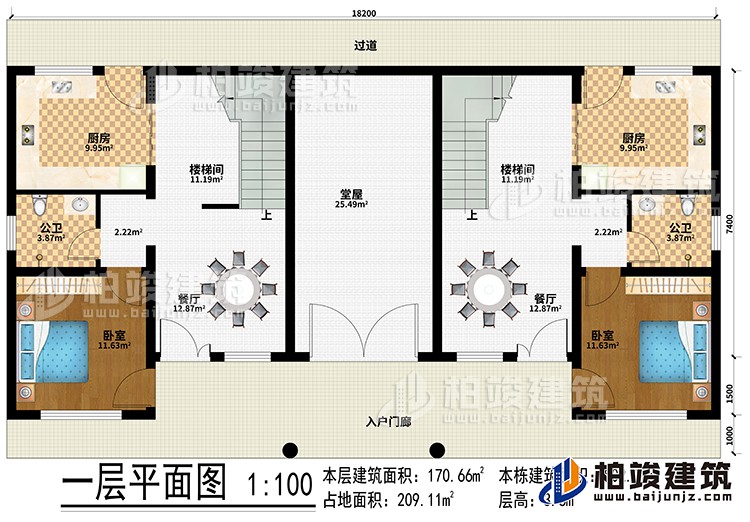 一层：入户门廊、过道、堂屋、2厨房、2楼梯间、2餐厅、2卧室、2公卫