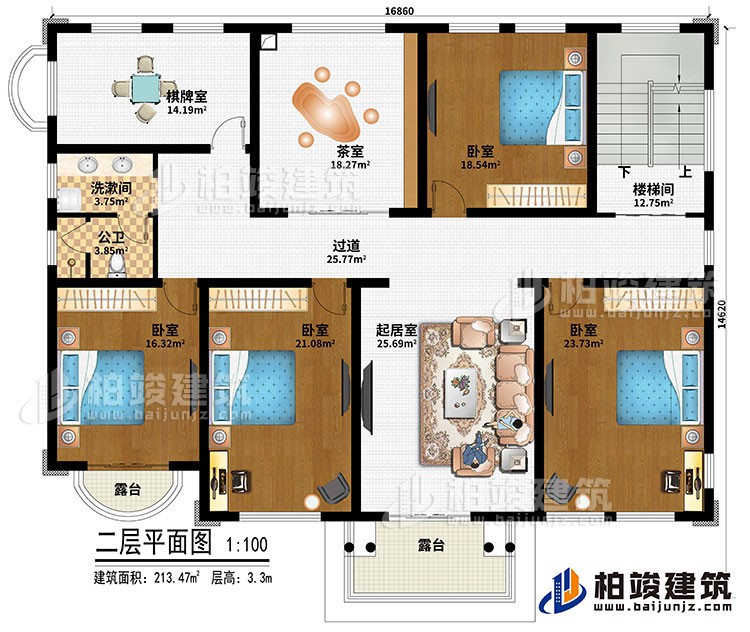 二层：楼梯间、起居室、过道、茶室、棋牌室、4卧室、洗漱间、公卫、2露台